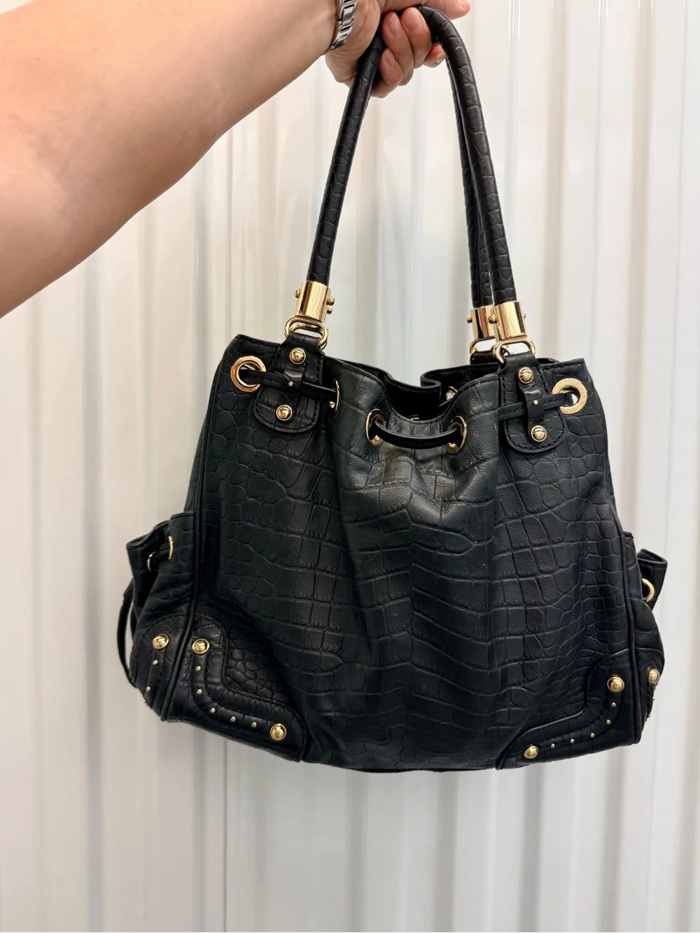Michael Kors Black Croc-Embossed Drawstring Shoulder Bag with Gold Hardware